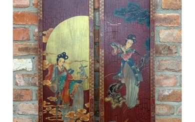 Pair of decorative Chinese lacquered panels, with Geisha gir...