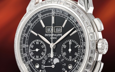 Patek Philippe, Ref. 5271P-001 A rare, superbly attractive and impressive platinum and diamond-set wristwatch with perpetual calendar, chronograph, moonphases, day/night indication, 24-hour indication, certificate, additional case back and box
