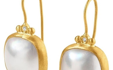 Pearl Earrings with Diamond Detail 24 Karat Solid Yellow Gold by Kurtulan