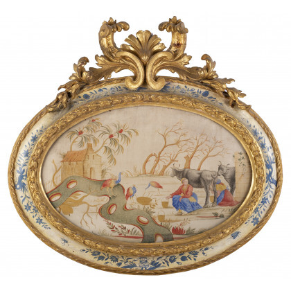 Piedmont school, 18th-century. Two oval works on silk depicting genre scenes. Giltwood and lacquered frames (cm 43x29) (minor defects)