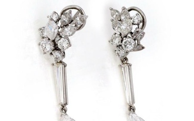 Platinum 6.33ct Diamond Cluster Top Long Dangle Earrings