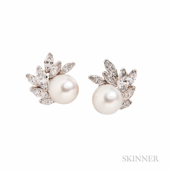 Platinum, Cultured Pearl, and Diamond Earrings, Van Cleef & Arpels