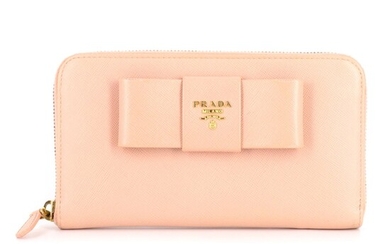 Prada Bow Zipper Long Wallet in Blush Pink Saffiano Leather