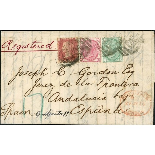 REMARKABLE REGISTERED MAIL TO SPAIN; 29 July 1875 E to Andal...