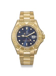 ROLEX. A FINE AND RARE 18K GOLD AUTOMATIC WRISTWATCH WITH SWEEP CENTRE SECONDS, DATE, BRACELET, BLUE DIAL, INTERNATIONAL GUARANTEE AND BOX, SIGNED ROLEX, OYSTER PERPETUAL, YACHT-MASTER, REF. 16628B, CASE NO. V143217, CIRCA 2014