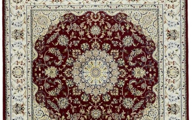 Red Floral Design Classic Indo-Nain 6X6 Square Rug Oriental Decor Plush Carpet