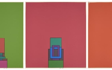 Robyn Denny, British 1930–2014, The Heavenly Suite (green, red, pink), 1971; each screenprint in colours on wove, each signed, dated and numbered 62/65 in pencil, each 81.7 × 74.5 cm, (unframed) (ARR) (VAT charged on hammer price)