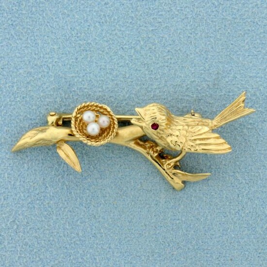 Ruby and Pearl Bird Nest Pin in 14K Yellow Gold