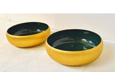 SERVING BOWLS, a pair, gilt metal with green enamel interior...