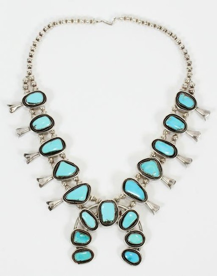 SILVER & TURQUOISE NAVAJO SQUASH BLOSSOM NECKLACE