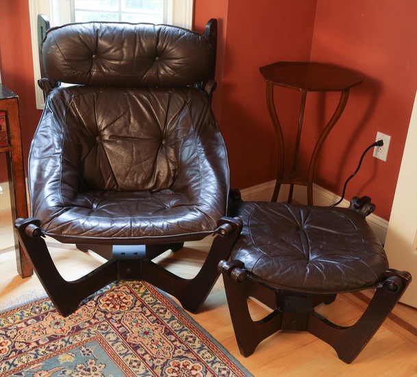 Scandinavian Modern Brown Leather Sling Lounge Chair and Ottoman PK1A