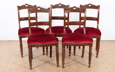 Serie van 5 mahonie Victoriaanse stoelen met rood velourse zitting,...