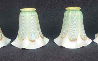 Set of 4 Signed Steuben Green, Gold & White electric art glass pull feather shades. H 5.5" dia. 6".
