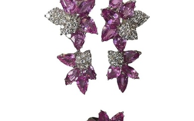 Set of Platinum Natural Pink Sapphires Diamonds Cluster Ring/Pair of Earrings