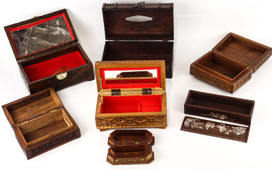 Seven vintage wooden trinket and jewellery boxes including chip carved...