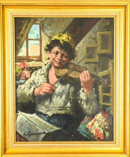 Signed Oil Painting of Boy Playing Violin