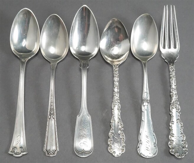 Six American Predominantly Sterling Silver Flat Table Articles: 5 Teaspoons and 1 Fruit Fork, 4.4 oz (various monograms, one with wo...