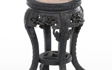 Small Chinese Ebonized and Carved Hardwood Stand with Marble Top
