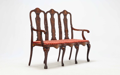 Sofa bench in Dutch Regency style, of mahogany with inlaid flower vines, vases and birds of light wood, approx. 1900