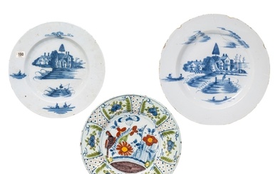 THREE LARGE DELFT DISHES, 18TH CENTURY, consisting of two di...