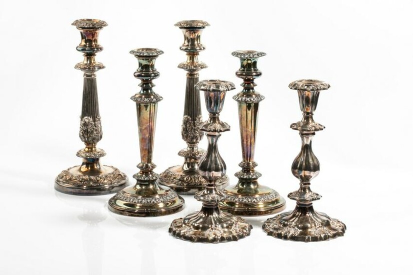 THREE PAIRS OF 19TH C SILVERPLATE CANDLESTICKS