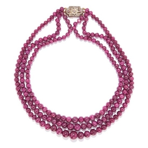 THREE STRAND DIAMOND AND RUBY BEAD NECKLACE comprising