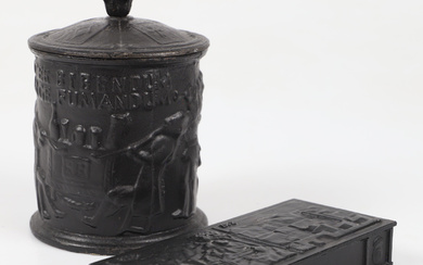 TOBACCO JAR AND BOX, black painted cast iron, 20th century.