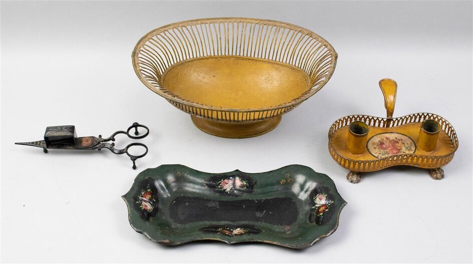 TOLE PEINTE SNUFFER SCISSORS AND TRAY, CHAMBERSTICK AND OVAL CENTERPIECE BOWL, 19TH CENTURY