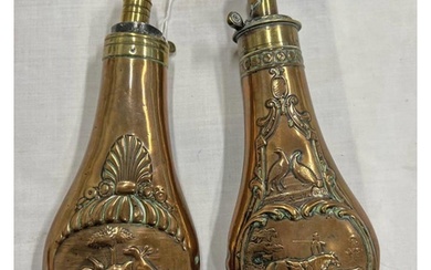 TWO COPPER AND BRASS POWDER / SHOT FLASKS WITH HUNTING SCENE...