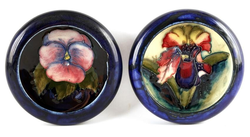 TWO MOORCROFT SHALLOW SMALL DISHES WITH CURVED RIM
