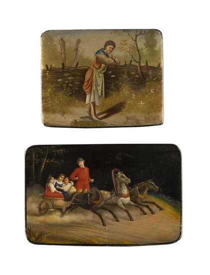 TWO PAPIERMACHÃ‰ AND LACQUER BOXES SHOWING A TROIKA AND