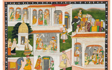 TWO RULERS CONFERRING WITH THEIR COURTIERS IN A PALACE INTERIOR, KANGRA, PUNJAB HILLS, NORTH INDIA, CIRCA 1840-50