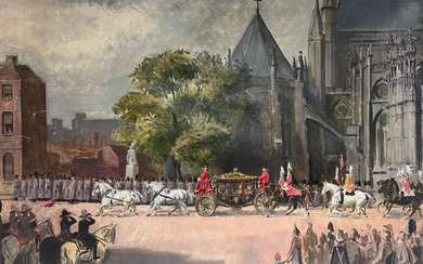 The Queen's Coronation 1953 Original British Oil Painting Canvas State Carriage 1953