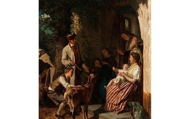 Théodore Gerard, 1829 Gent – 1895 Laeken/ Brüssel, BÄUERLICHE FAMILIE MIT ZURÜCKGEKEHRTER ZIEGE