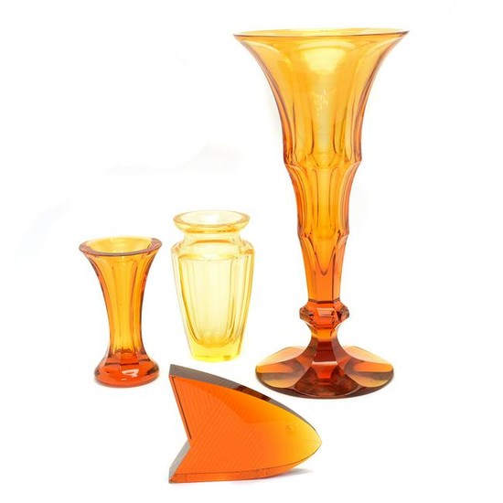 Three Bohemian Moser Amber Glass Table Articles and One