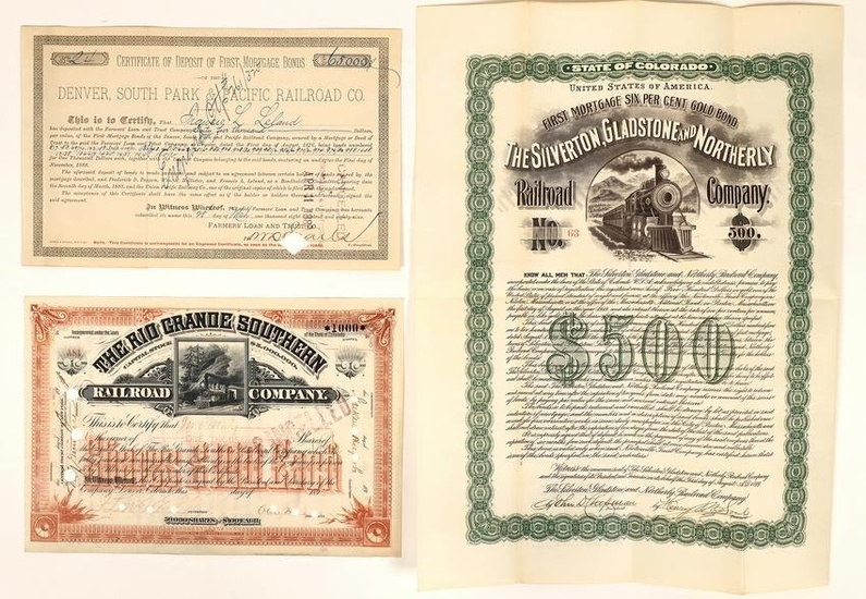 Three Different Rare Colorado Railroad Stocks/Bonds incl. Mears Autograph [155697]