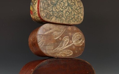 Three painted chips lidded boxes, [3]