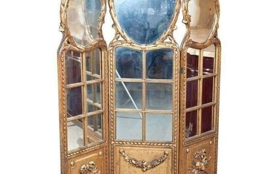 Three panel Louis XVI style folding screen or room separator. Gilt gold finish having six small