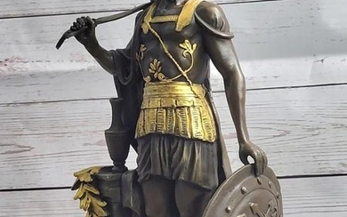 Timeless Valor: Roman Warrior Inspired Bronze Sculpture With Gold Patina by Huzel - 16" x 9.5"