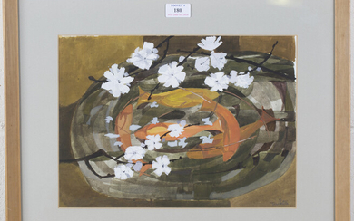 Tom Patten - 'The Fish Pond', watercolour and gouache, signed recto, titled verso, 26.5cm