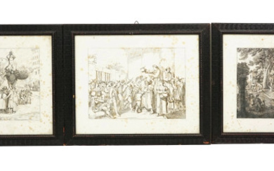 Tre stampe raffiguranti "I Frigitori a Piazza Barberina", "Veduta di Testaccio" e "La carità dei Frati", cm 43x52, inventore Bartolomeo Pinelli (1781-1835), entro cornici, (macchie)