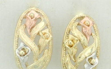 Tri Color Flower Design Diamond Cut Earrings in 10k Yellow, Rose, White Gold