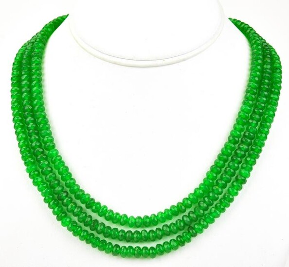Triple Strand Faceted Green Jade Beaded Necklace