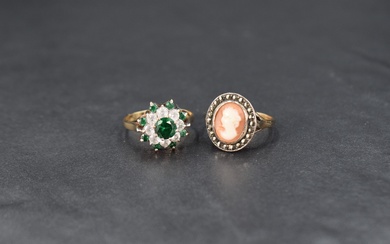 Two 9ct gold rings comprising a green and white paste cluster ring on a 9ct gold shank and a cameo