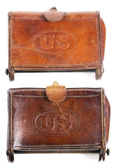 Two US leather ammo pouches, 4.5"h x 6.25"l x 2"d