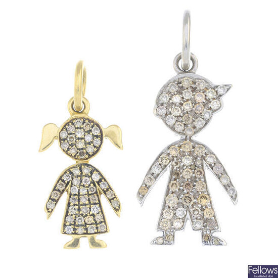 Two diamond pendants, depicting a boy and a girl.