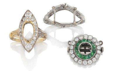 Two ring mounts and a diamond and emerald clasp, comprising: a late 19th century marquise-shaped old-brilliant-cut diamond example with central stone deficient, approx. ring size O; another with diamond-set gallery, (central stone and other stones...