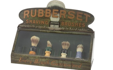 Unusual vintage tin Shaving Brush Rack Display, circa 1930s, advertising "Rubberset Shaving