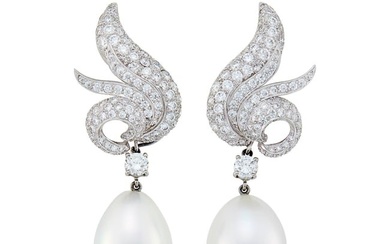 Verdura Pair of Platinum, Diamond and South Sea Cultured Pearl 'Wing' Pendant-Earclips