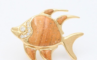 Vintage 14K Gold, Diamond, and Carved Agate Tropical Fish Pin,...